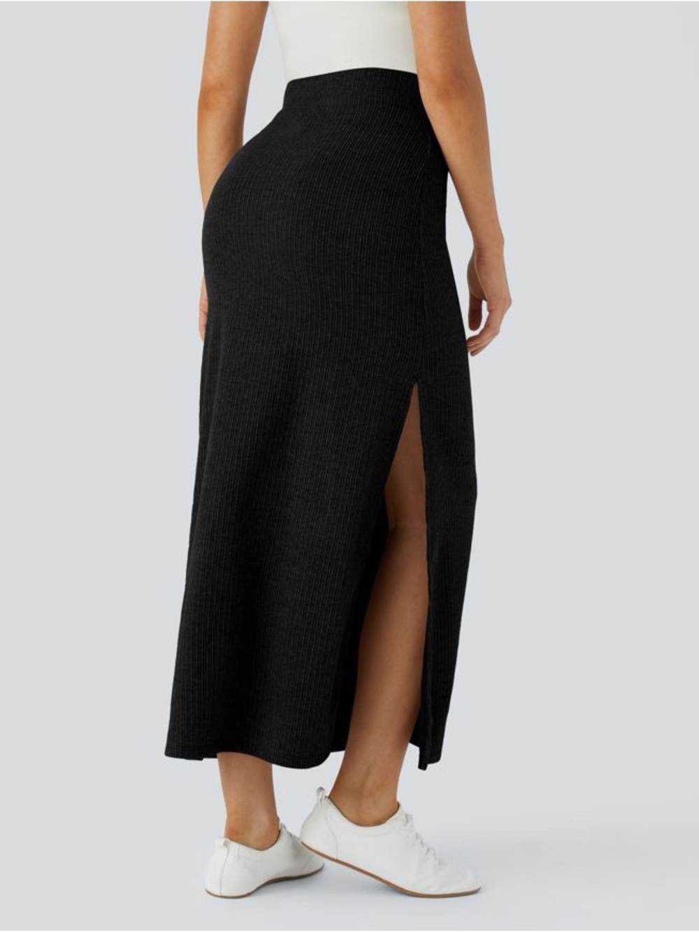HALARA Black Ribbed Midi Skirt with Side Slit - Picture 2 of 7